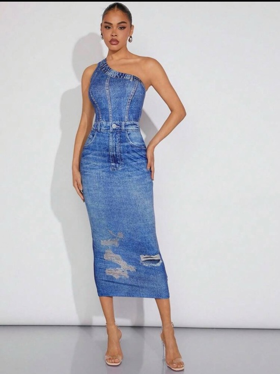 Dresses & Skirts - One-Shoulder Blue Denim Midi Dress